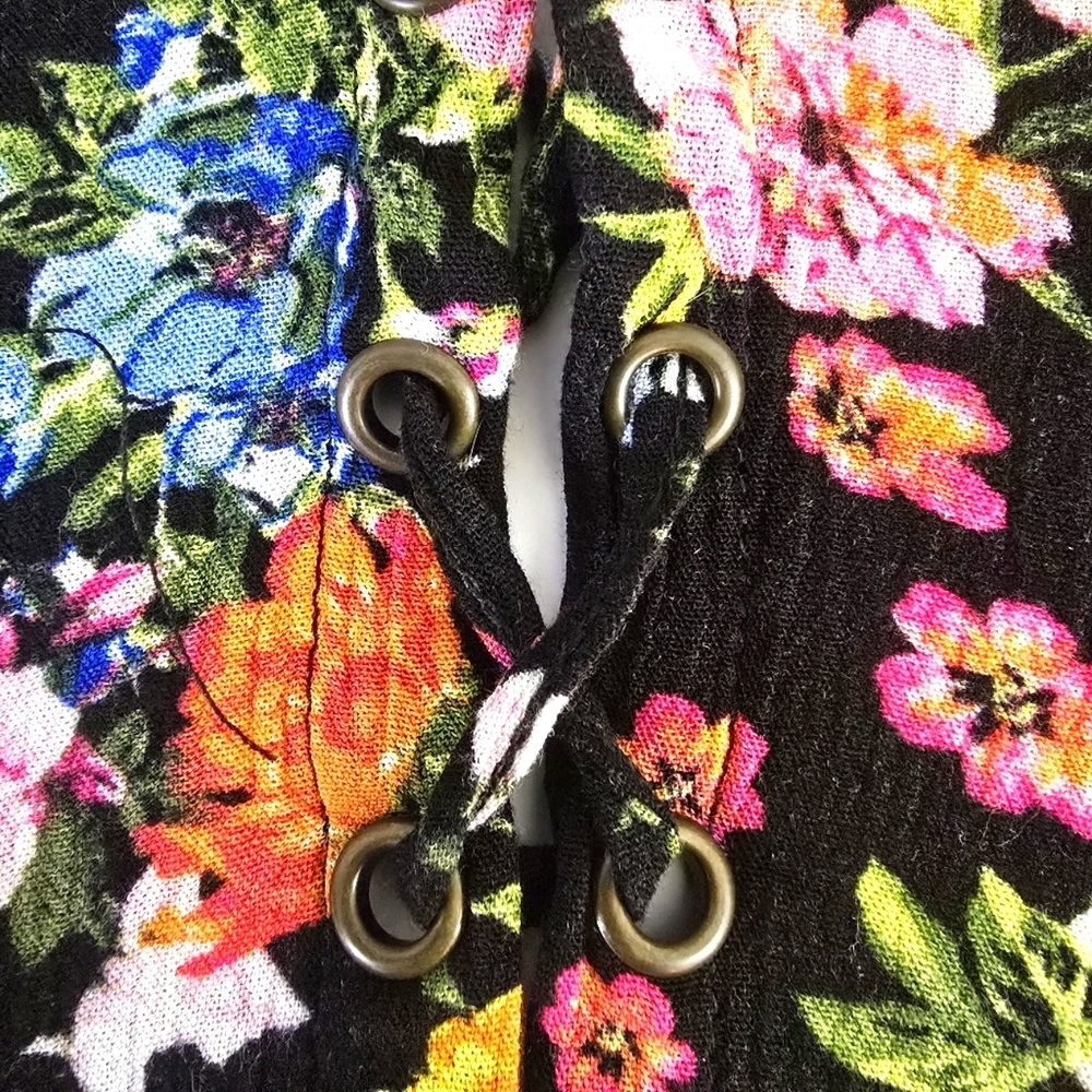 Floral Sz XL Black Lace Sleeve Tie Cottagecore Grommet Women Shirt Elastic Waist - Picture 11 of 13